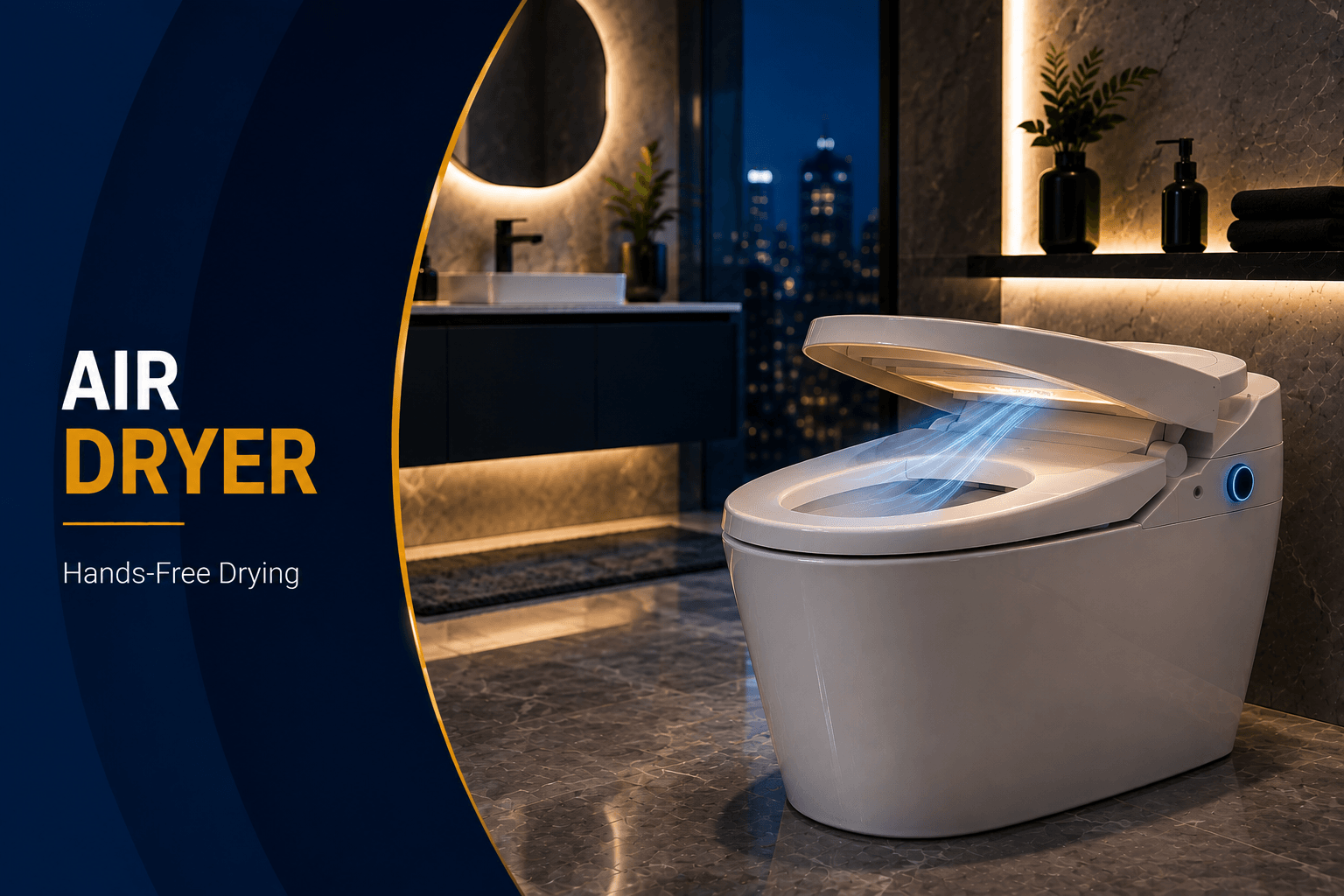 Luxury smart toilet with automatic opening lid and motion sensor technology in a premium modern bathroom.