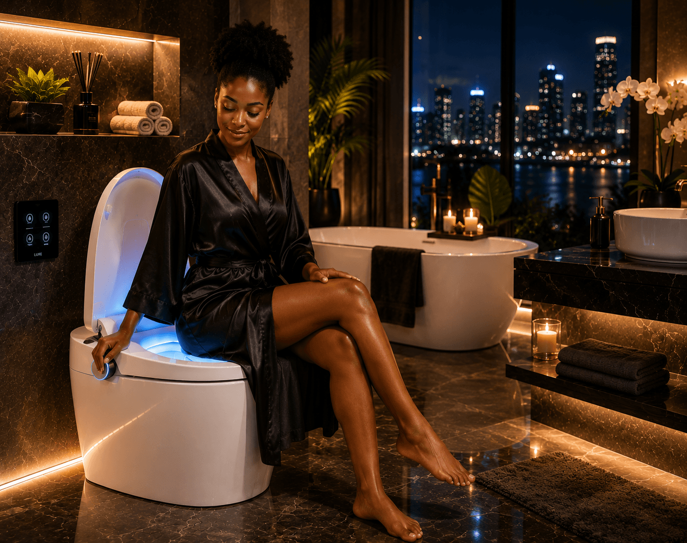 Luxury smart toilet with automatic opening lid and motion sensor technology in a premium modern bathroom.