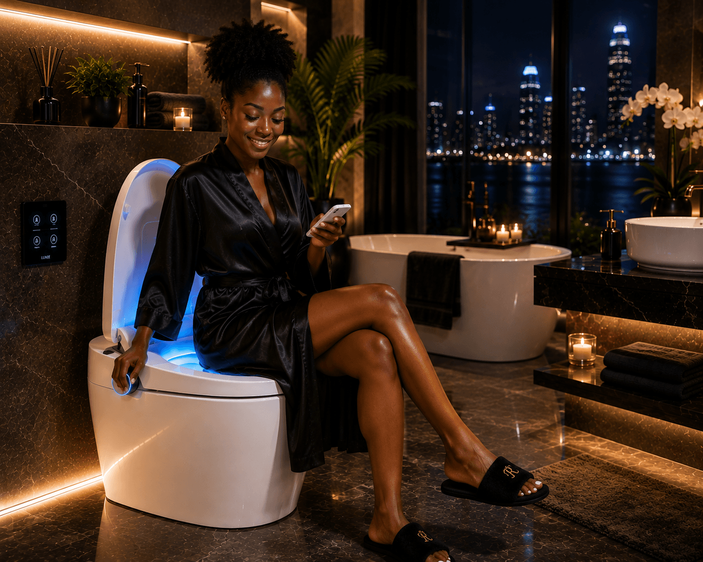 Luxury smart toilet with automatic opening lid and motion sensor technology in a premium modern bathroom.