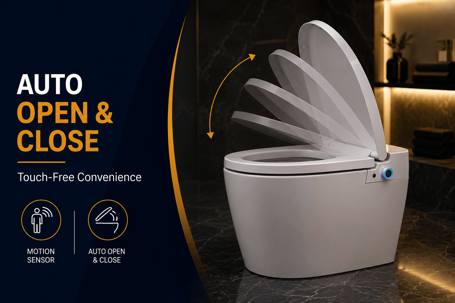 Luxury smart toilet with automatic opening lid and motion sensor technology in a premium modern bathroom.