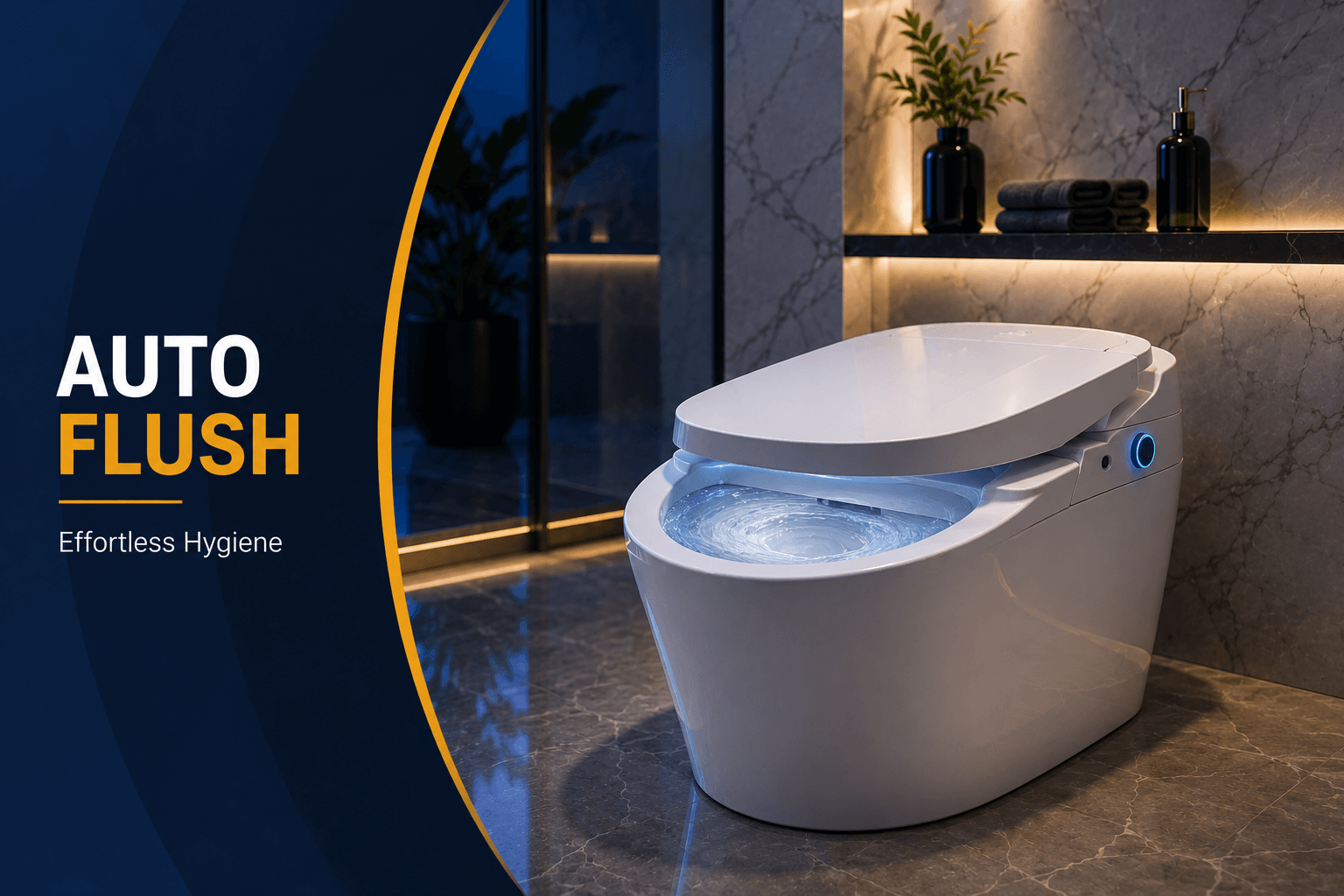 Luxury smart toilet with automatic opening lid and motion sensor technology in a premium modern bathroom.