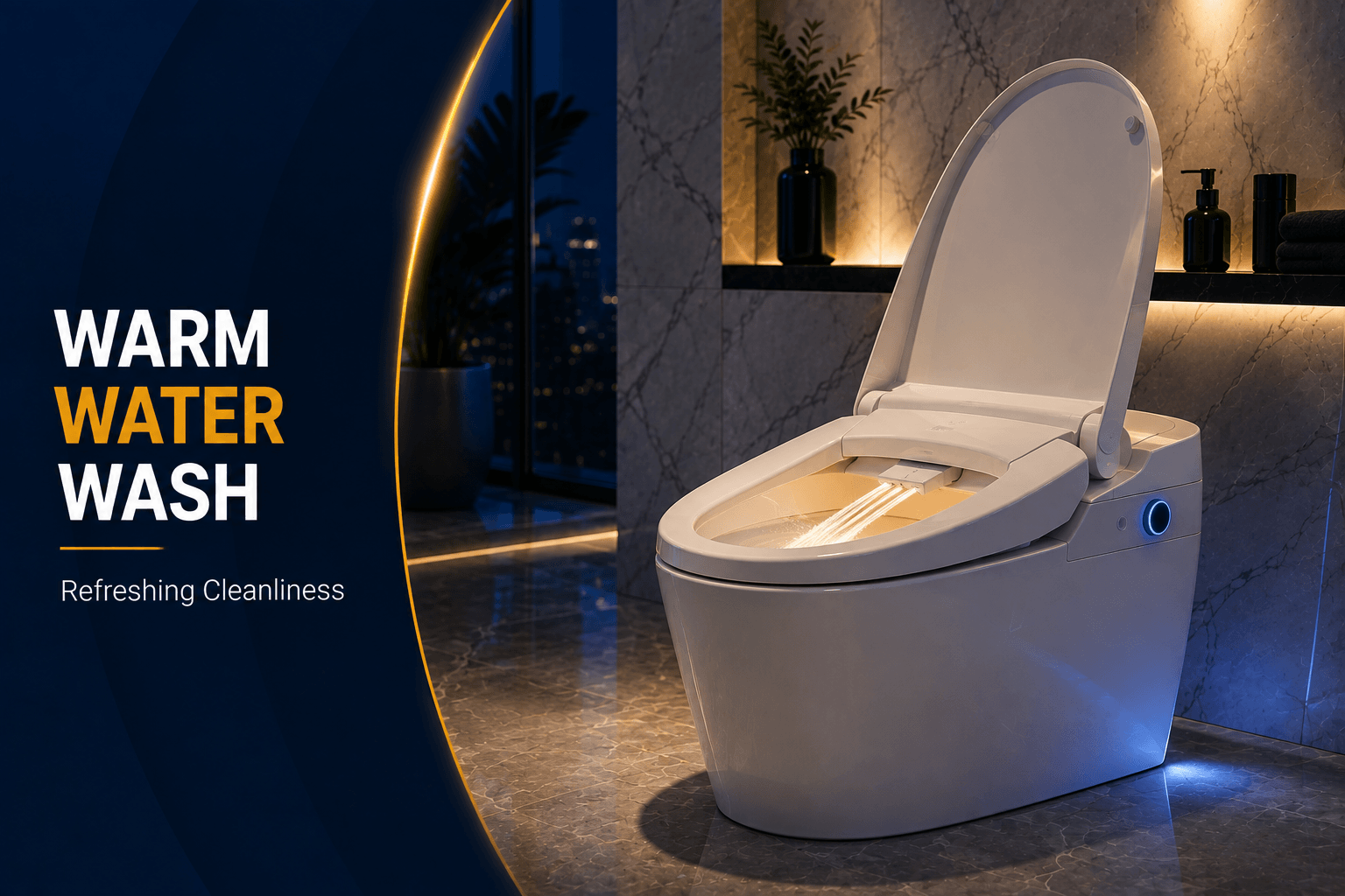 Luxury smart toilet with automatic opening lid and motion sensor technology in a premium modern bathroom.