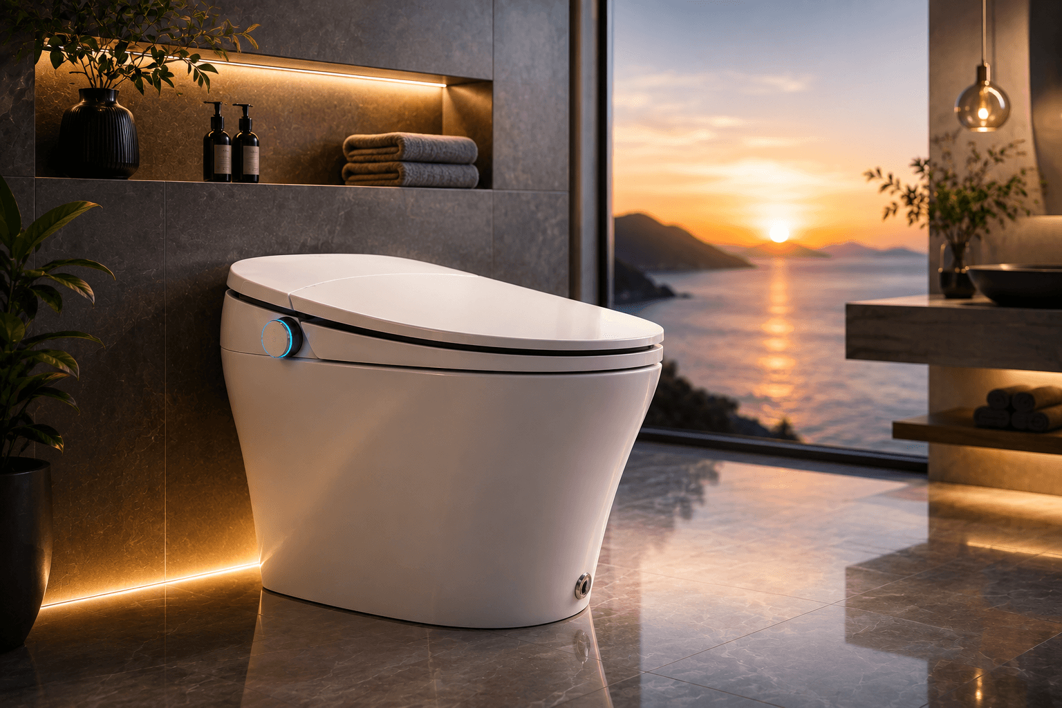 Luxury smart toilet with automatic opening lid and motion sensor technology in a premium modern bathroom.