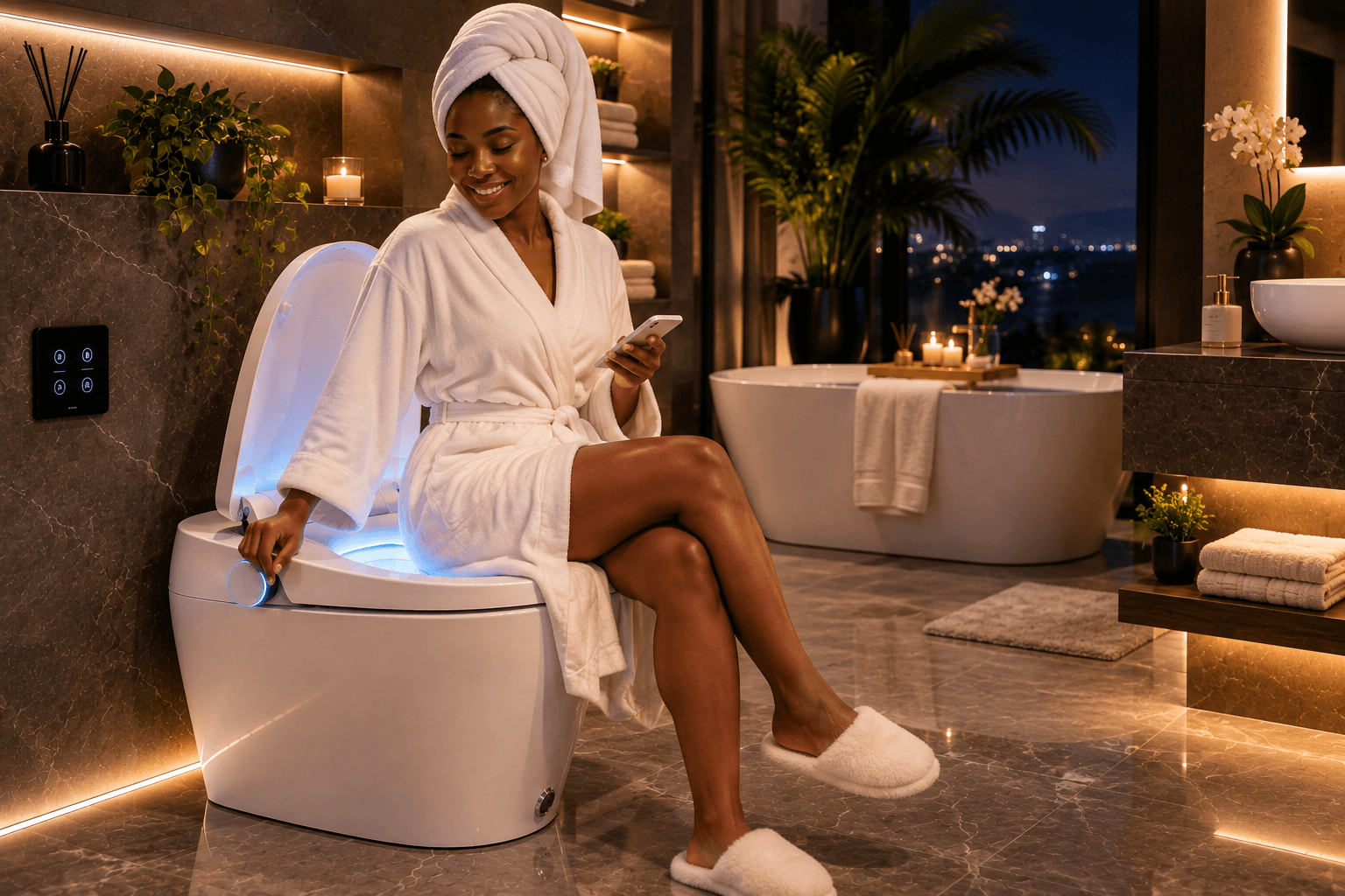 Luxury smart toilet with automatic opening lid and motion sensor technology in a premium modern bathroom.